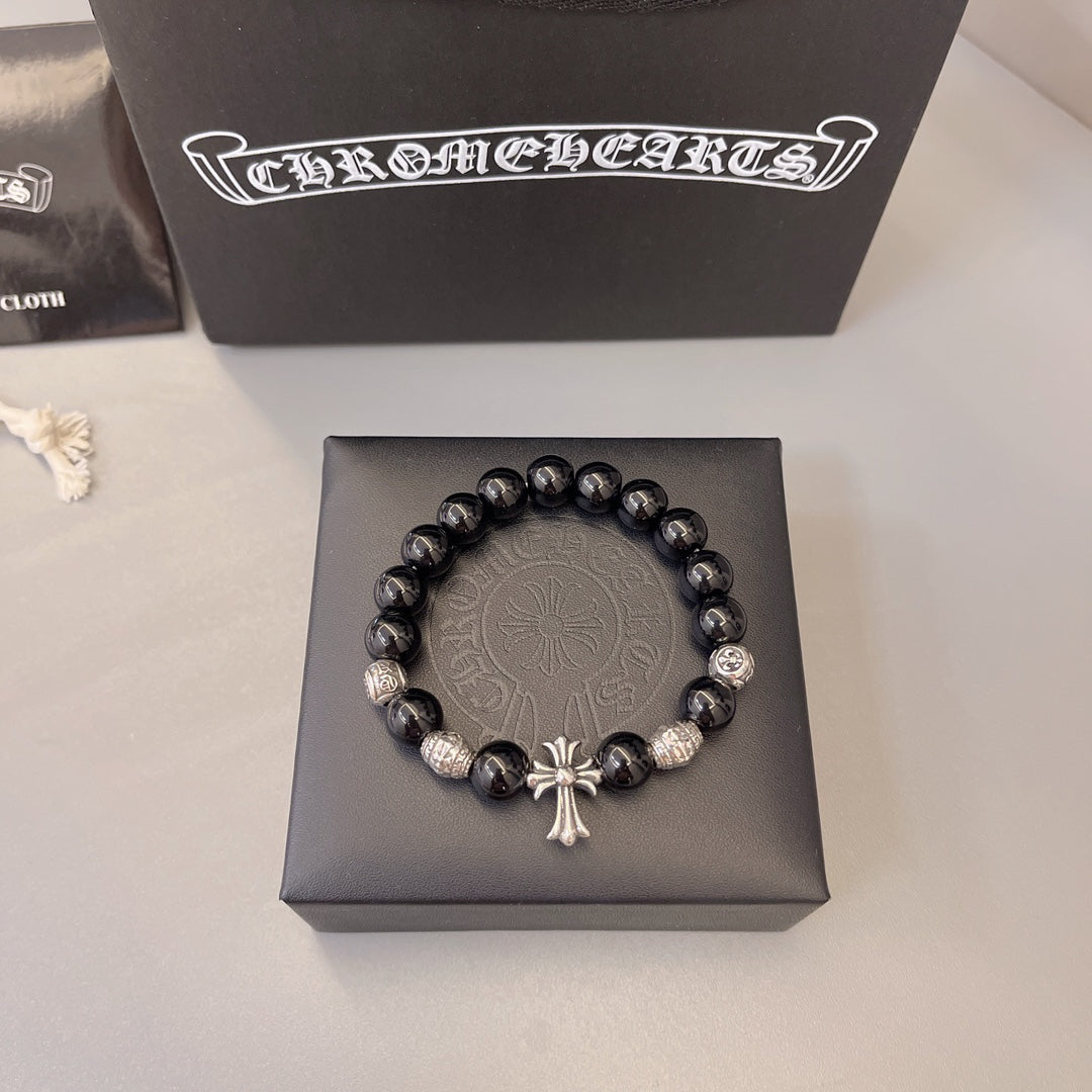 Chrome Hearts Obsidian Cross Beaded Bracelet