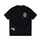 Chrome Hearts Black T-Shirt with Blue Drip Horseshoe Cross Graphic
