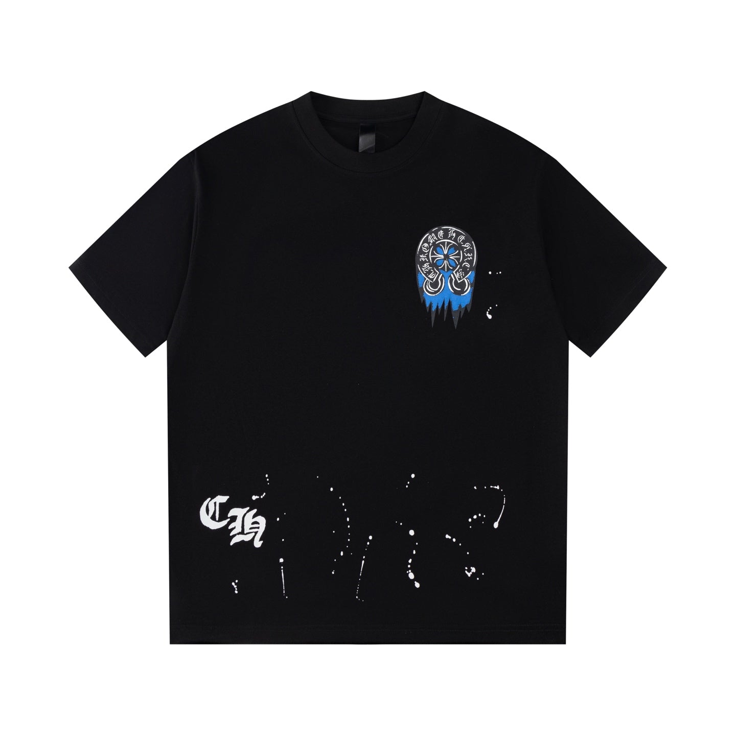 Chrome Hearts Black T-Shirt with Blue Drip Horseshoe Cross Graphic