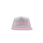 Chrome Hearts pink and white embroidered mesh trucker cap