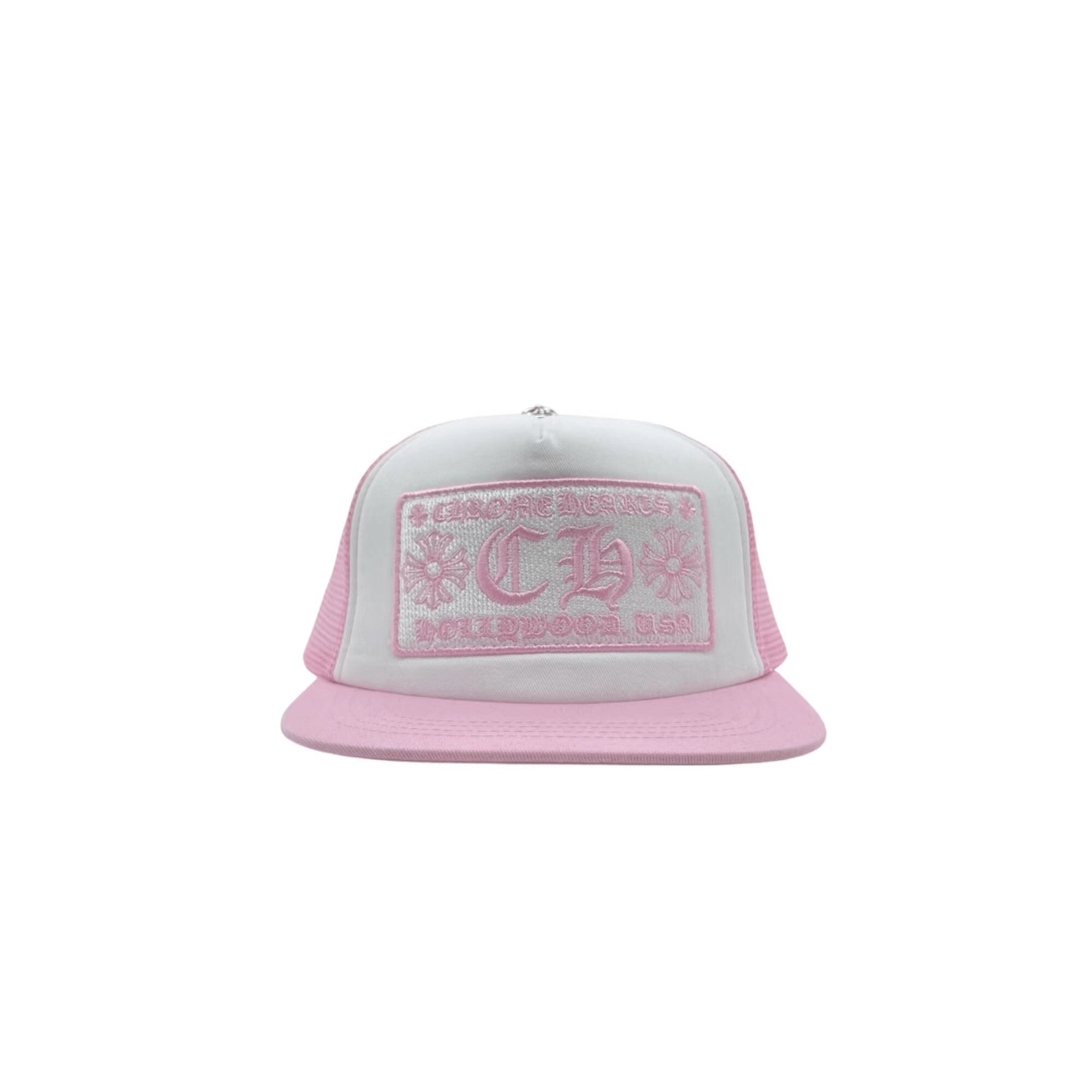 Chrome Hearts pink and white embroidered mesh trucker cap