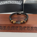 Chrome Hearts Tiger's Eye Cross Leather Cord Bracelet