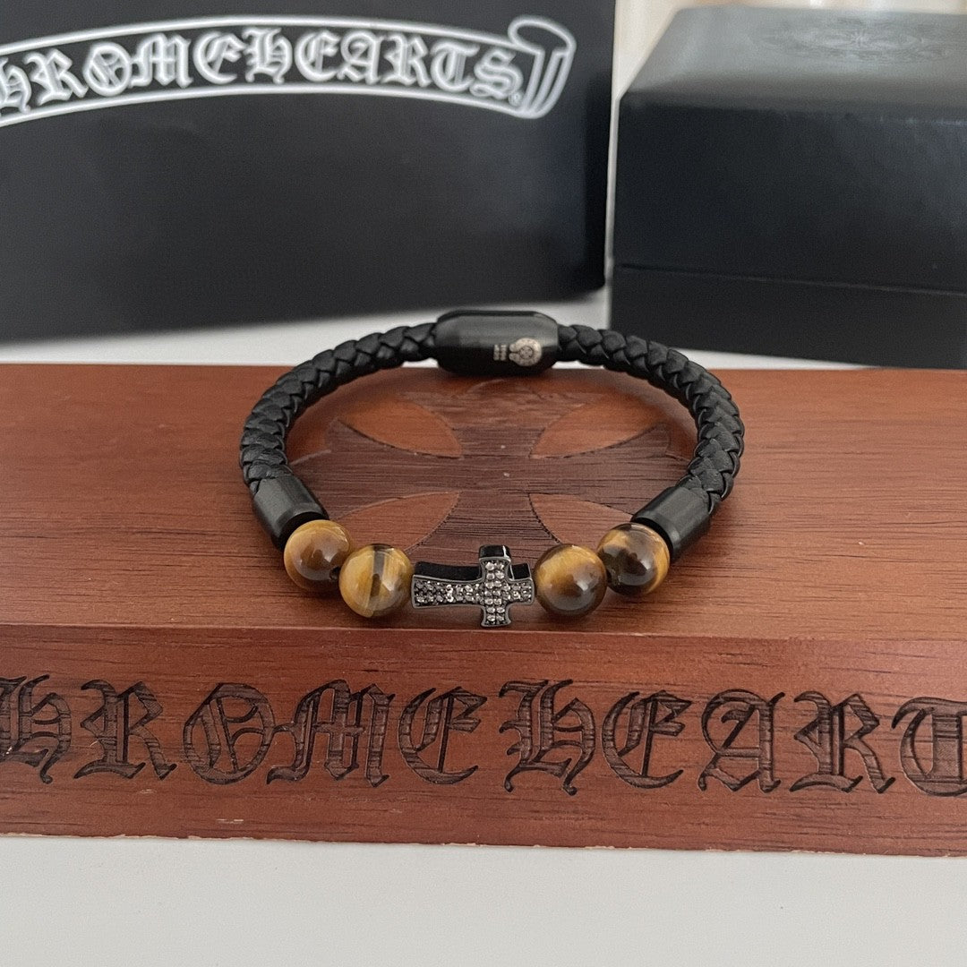 Chrome Hearts Tiger's Eye Cross Leather Cord Bracelet