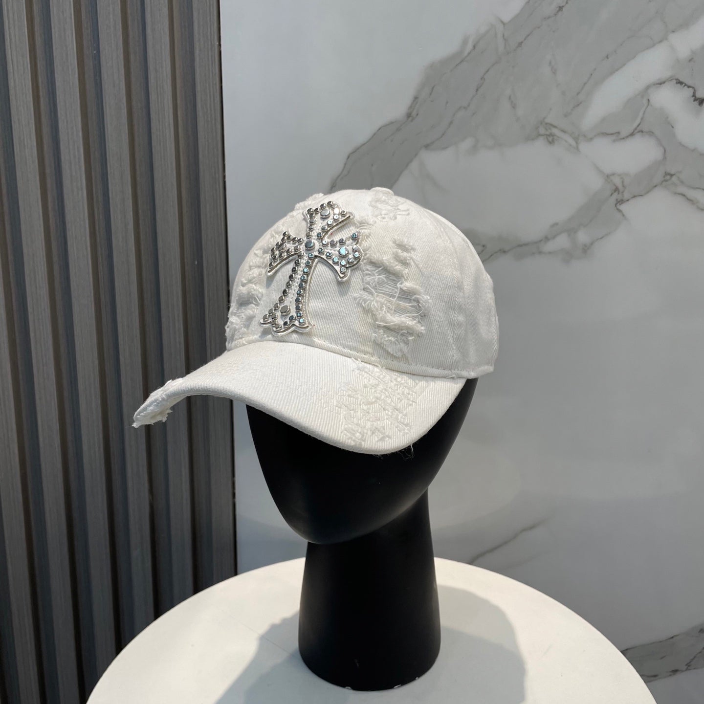 Chrome Hearts-Style White Distressed Baseball Cap