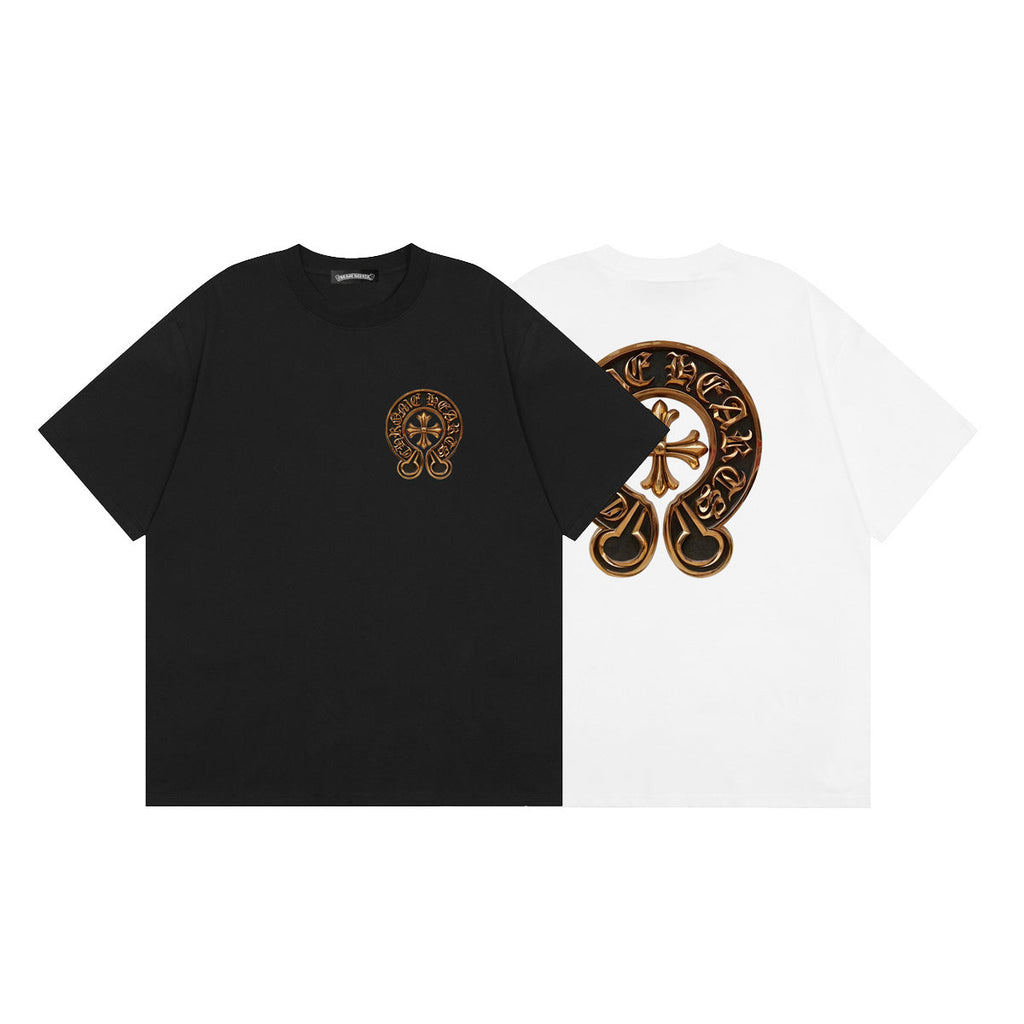 Chrome Hearts Style Gold Horseshoe Cross T-Shirt - 3D Metallic Embossed Graphic, Black Cotton Streetwear Tee