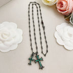Chrome Hearts Black, Silver, and Green Diamond Double Cross Necklace