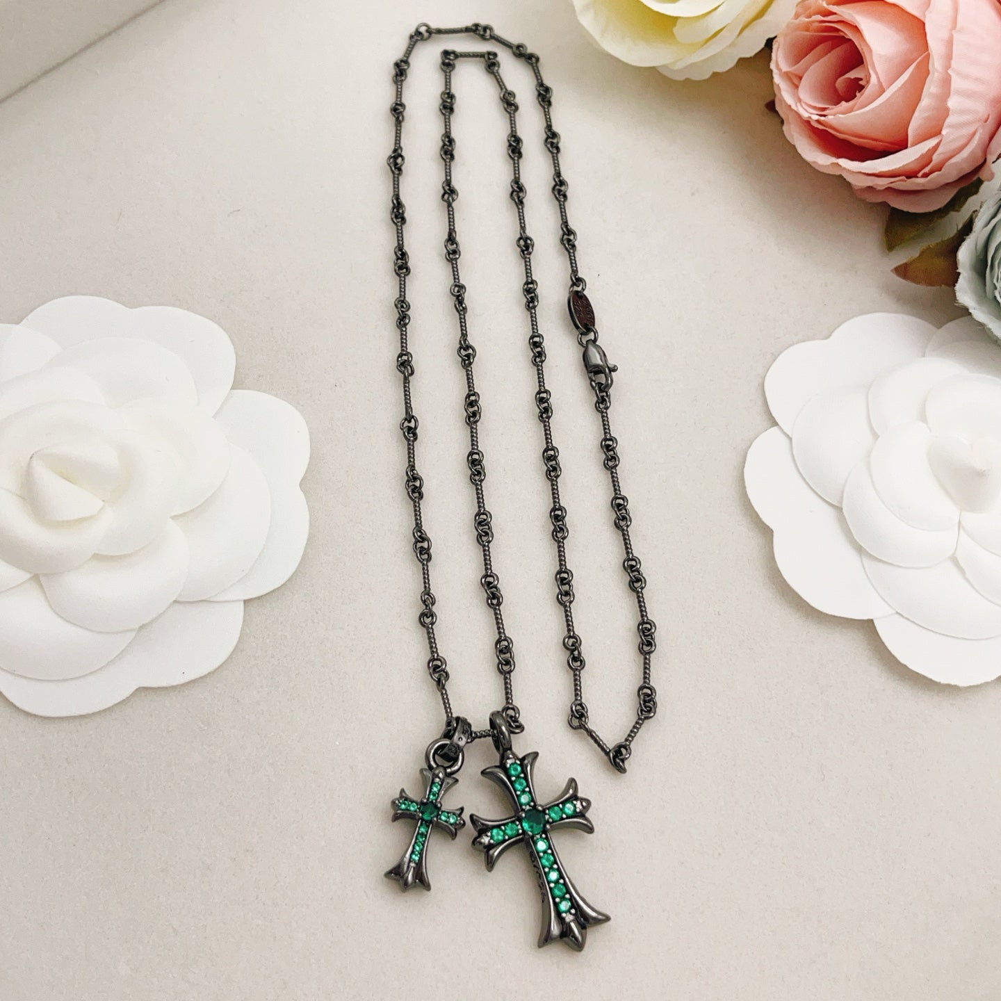 Chrome Hearts Black, Silver, and Green Diamond Double Cross Necklace