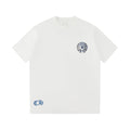 Chrome Hearts Style Plaid Horseshoe Cross T-Shirt - White with Blue Embroidery, Vintage Wash Cotton Streetwear Tee
