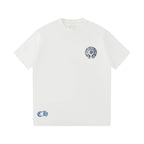 Chrome Hearts Style Plaid Horseshoe Cross T-Shirt - White with Blue Embroidery, Vintage Wash Cotton Streetwear Tee