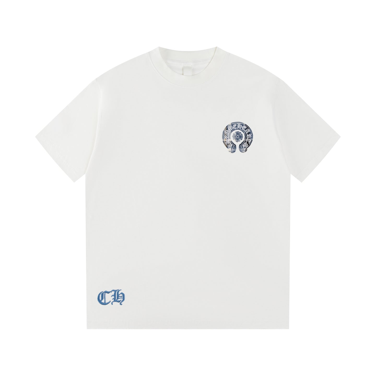 Chrome Hearts Style Plaid Horseshoe Cross T-Shirt - White with Blue Embroidery, Vintage Wash Cotton Streetwear Tee
