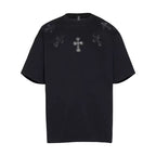 Chrome Hearts Style Men's Black T-Shirt - 3D Leather Cross Appliqué & Silver Hardware, Heavyweight Cotton Streetwear Top