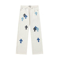 Chrome Hearts' classic white denim jeans with a colored leather cross wash.