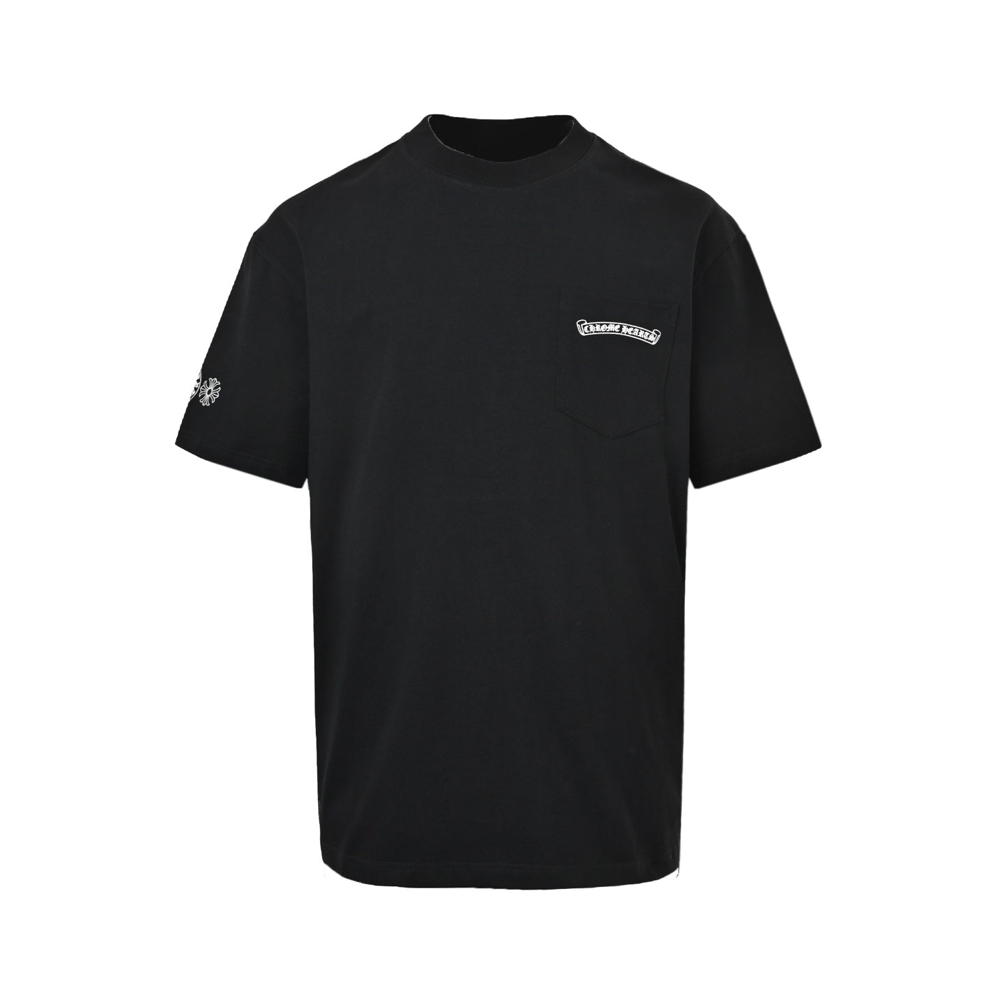 Chrome Hearts 2026 SS Gothic Dagger & Monogram Pocket T-Shirt - Black Unisex Cotton Tee with Pink Cross Motif