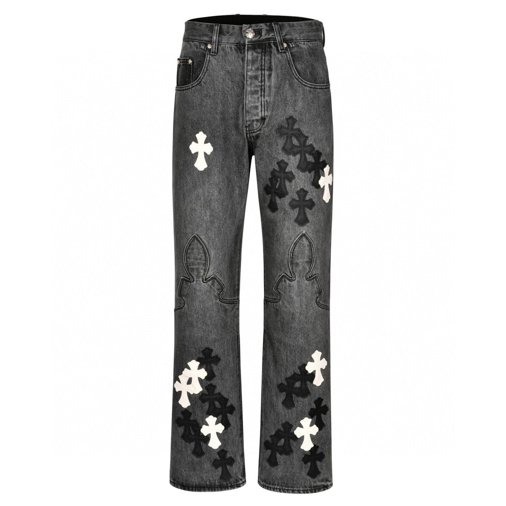 Chrome Hearts Limited Edition Black & Grey Washed Denim Jeans with Flame Leather Appliqués