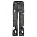 Chrome Hearts Limited Edition Black & Grey Washed Denim Jeans with Flame Leather Appliqués