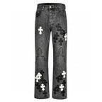 Chrome Hearts Limited Edition Black & Grey Washed Denim Jeans with Flame Leather Appliqués