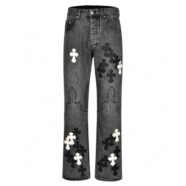 Chrome Hearts Limited Edition Black & Grey Washed Denim Jeans with Flame Leather Appliqués
