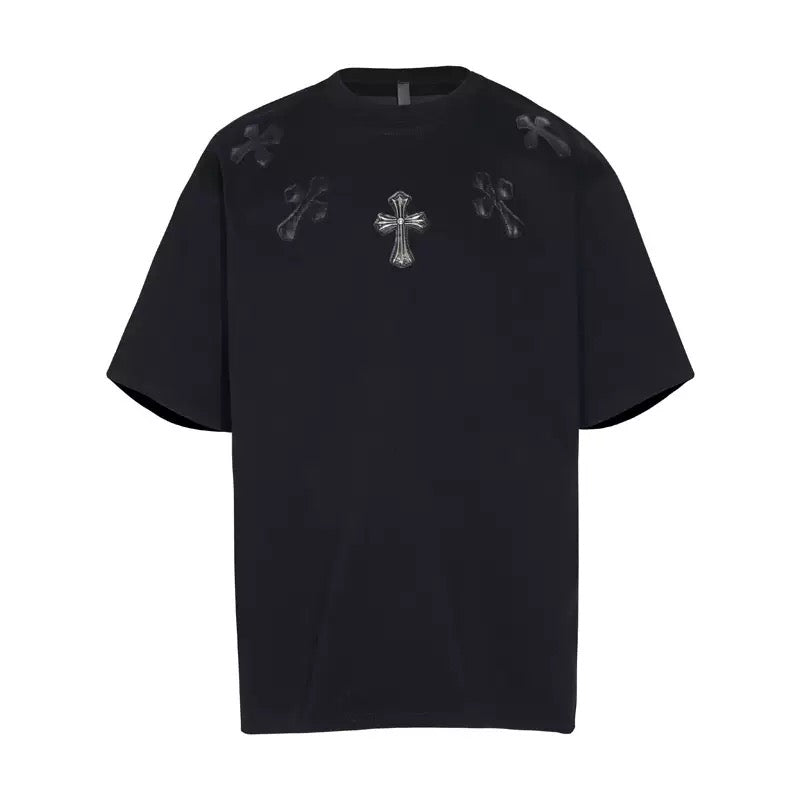 Chrome Hearts Black T-Shirt with Silver Cross Appliqués