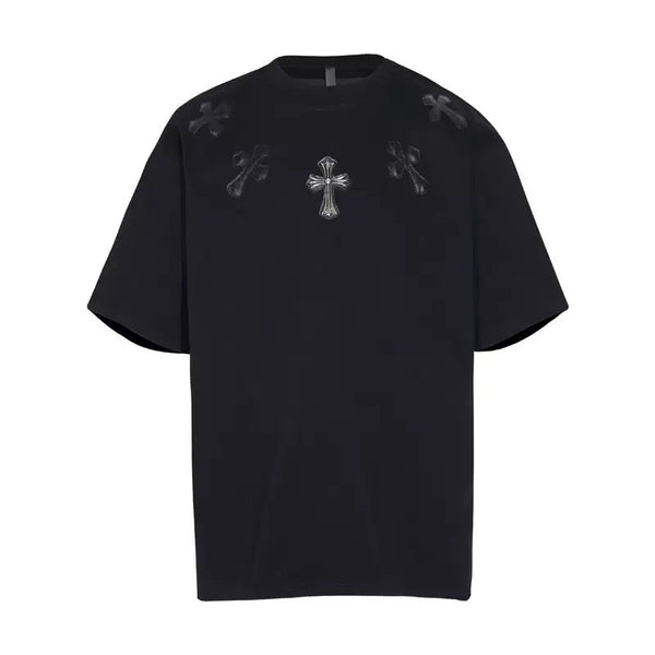 Chrome Hearts Black T-Shirt with Silver Cross Appliqués