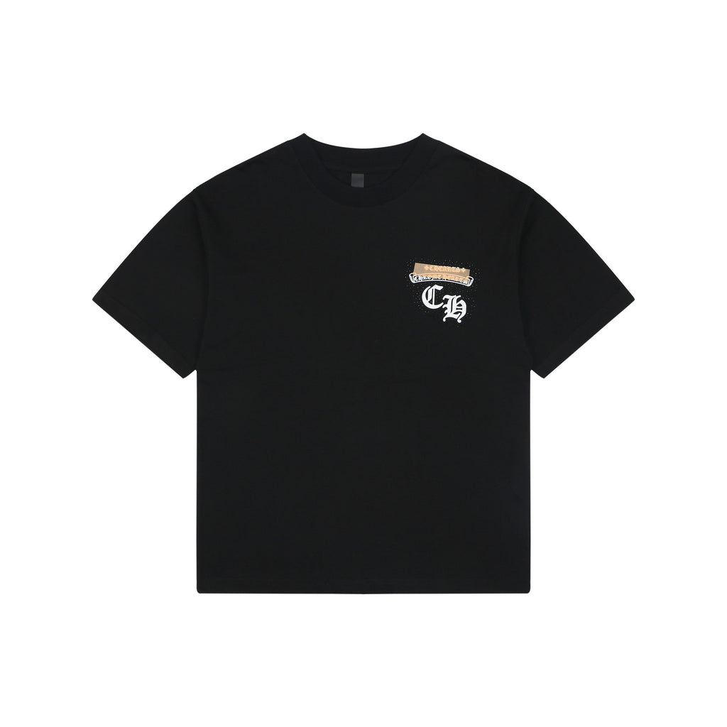 Chrome Hearts Style Gold & White Chest Logo T-Shirt - Black Cotton Streetwear Tee