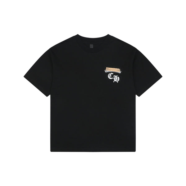 Chrome Hearts Style Gold & White Chest Logo T-Shirt - Black Cotton Streetwear Tee
