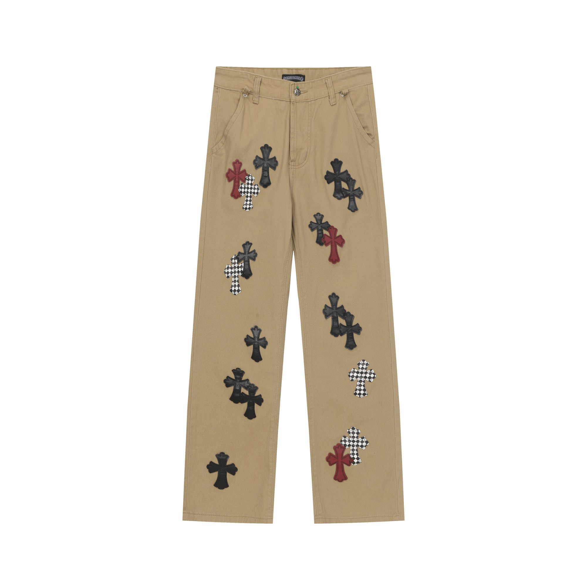 Chrome Hearts khaki straight-leg pants with colorful leather cross patch