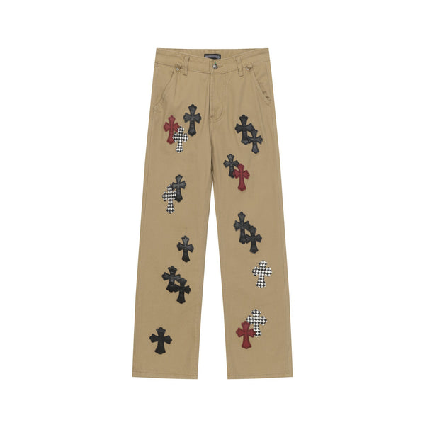 Chrome Hearts khaki straight-leg pants with colorful leather cross patch