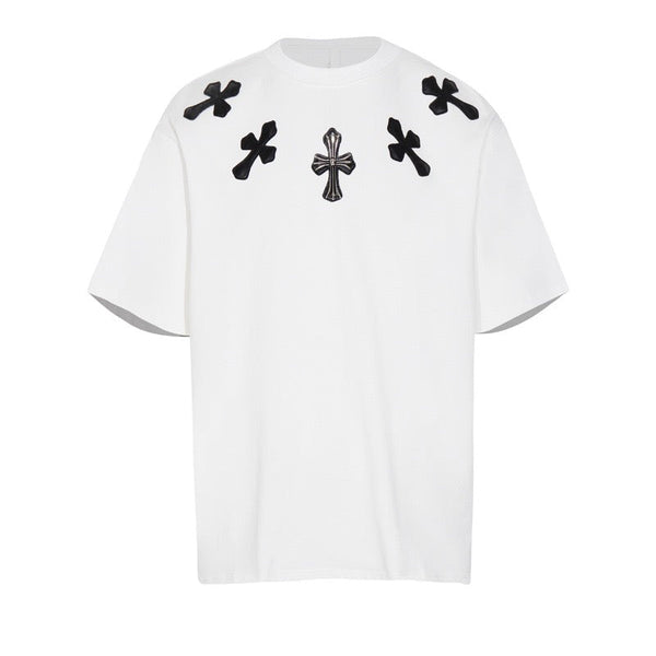 Chrome Hearts White T-Shirt with Black & Silver Cross Appliqués - Chest Detail