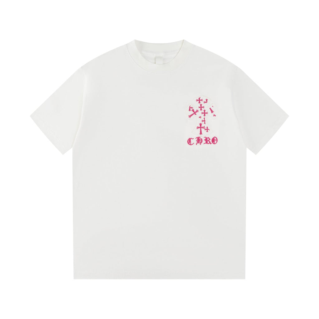 Chrome Hearts White T-Shirt with Pink Cross Appliqué and Embroidery