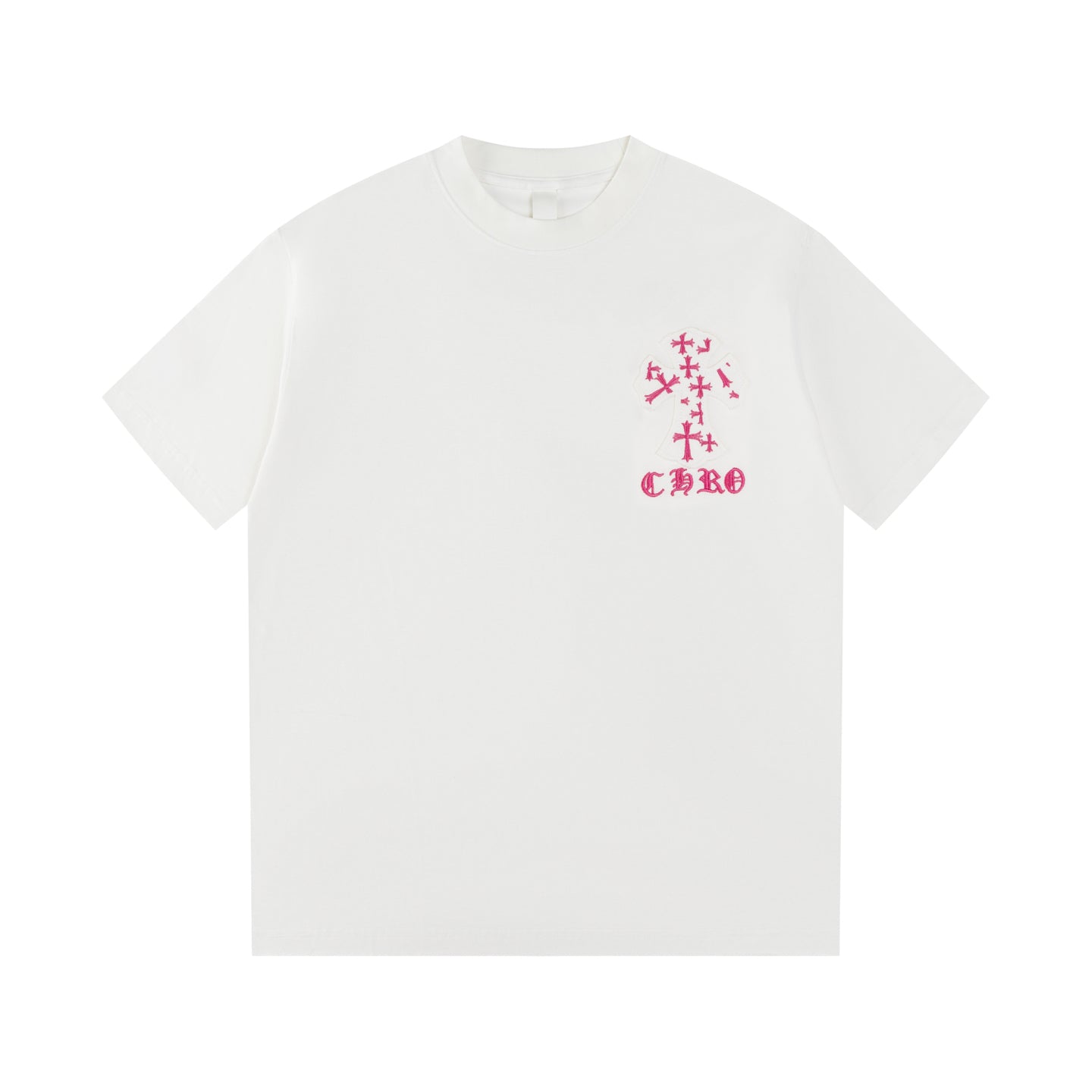 Chrome Hearts White T-Shirt with Pink Cross Appliqué and Embroidery