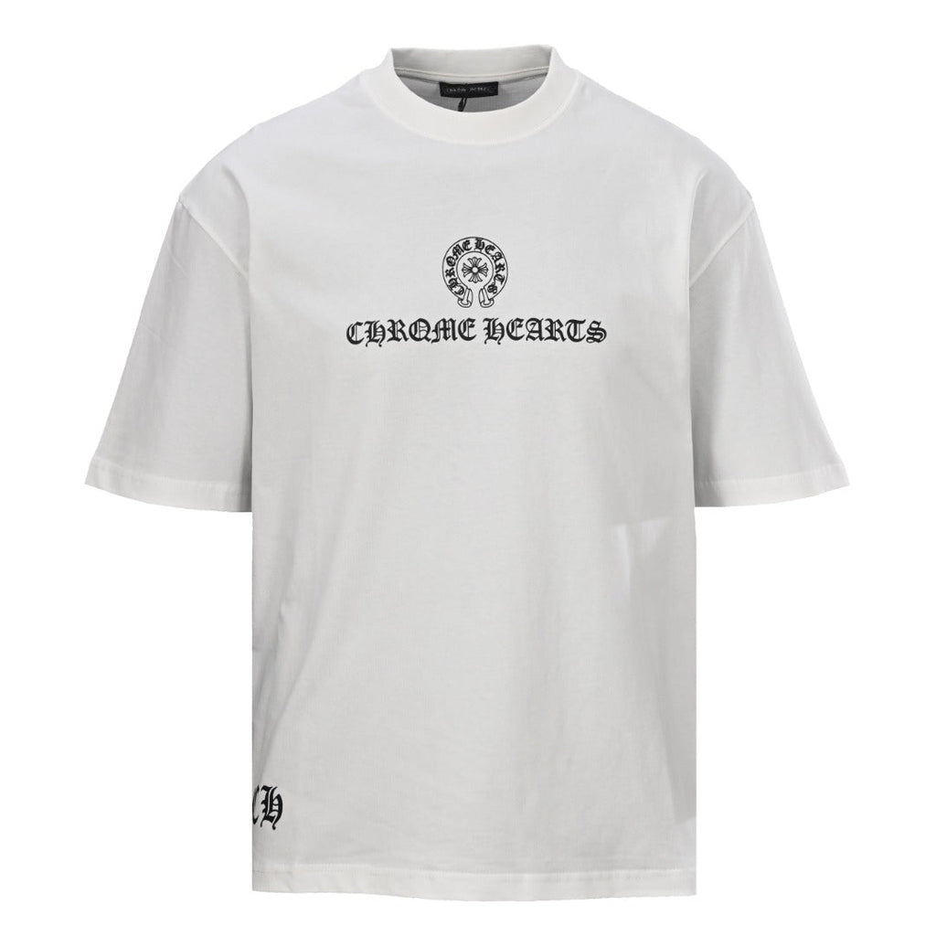 Chrome Hearts White T-Shirt with Horseshoe Logo and Gothic Lettering