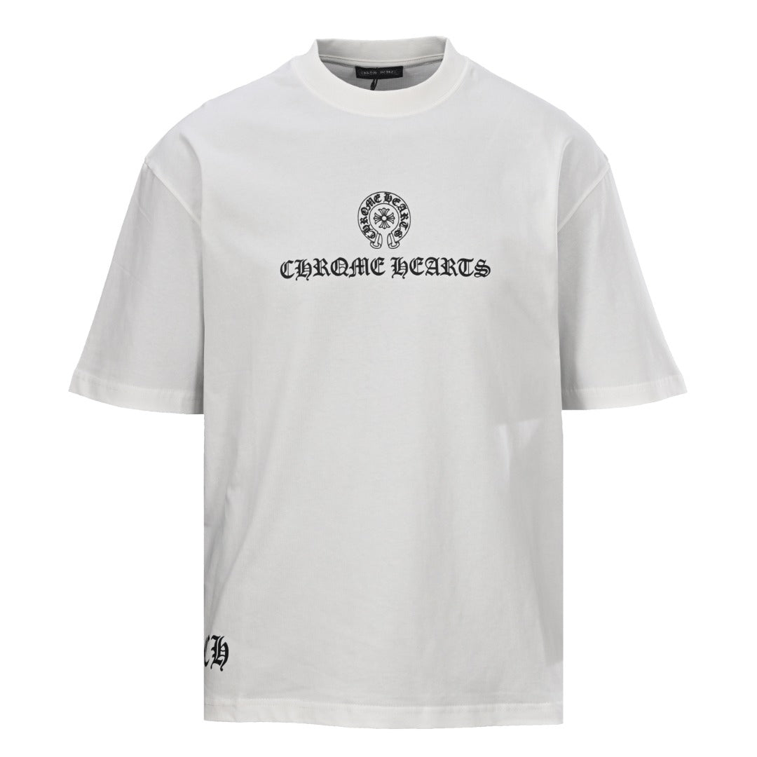 Chrome Hearts White T-Shirt with Horseshoe Logo and Gothic Lettering