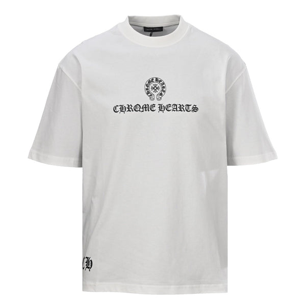 Chrome Hearts White T-Shirt with Horseshoe Logo and Gothic Lettering