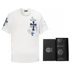Chrome Hearts 2026 SS Blue & Silver Cross Embroidered T-Shirt - White Unisex Cotton Tee with Gothic Logo