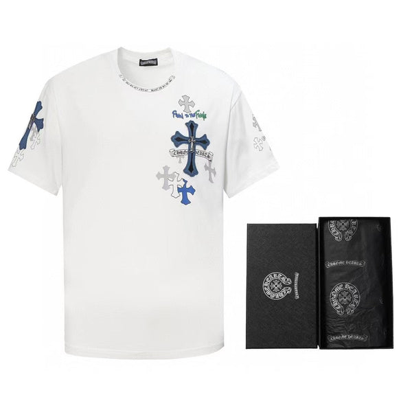 Chrome Hearts 2026 SS Blue & Silver Cross Embroidered T-Shirt - White Unisex Cotton Tee with Gothic Logo