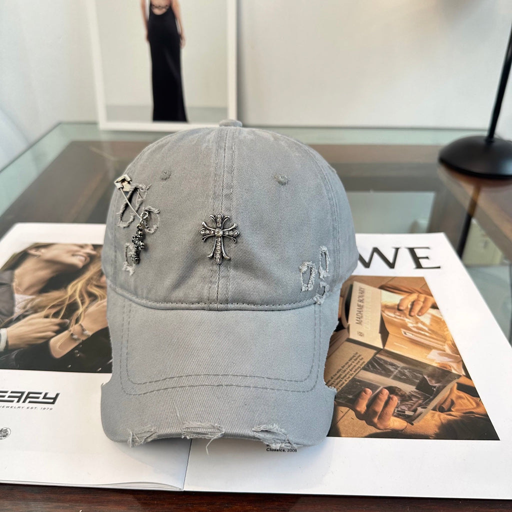 Chrome Hearts Grey Washed, Distressed, and Ripped Baseball Cap