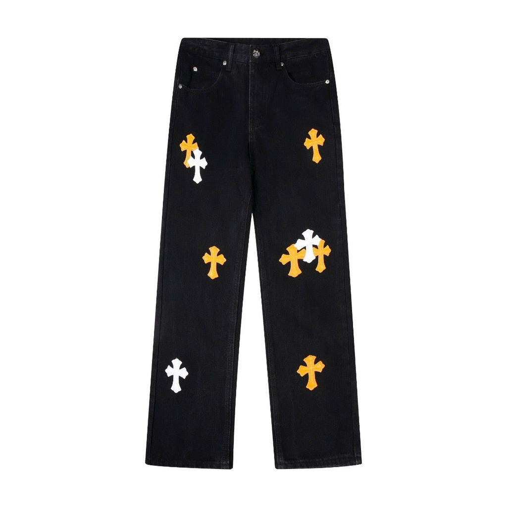 Chrome Hearts Black Denim Jeans with Colorful Leather Cross Patches