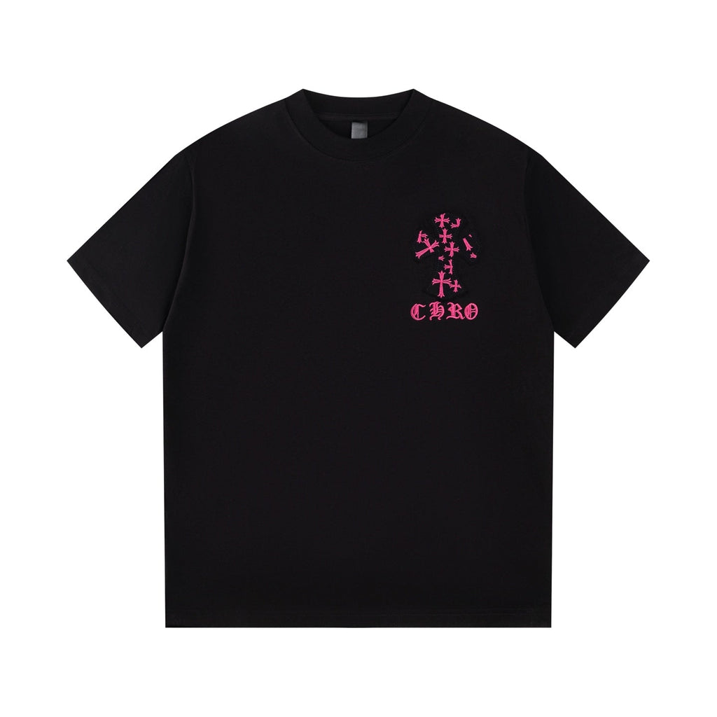 Chrome Hearts Black T-Shirt with Pink Multi-Cross Appliqué and Embroidery