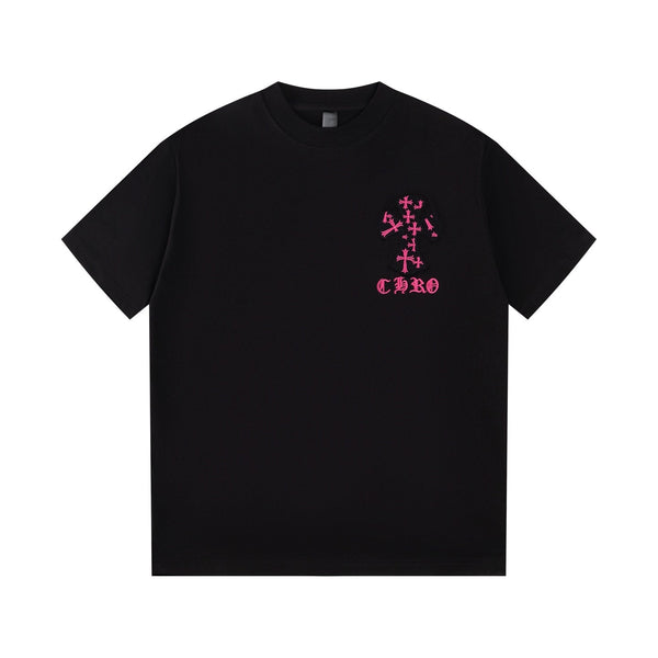 Chrome Hearts Black T-Shirt with Pink Multi-Cross Appliqué and Embroidery