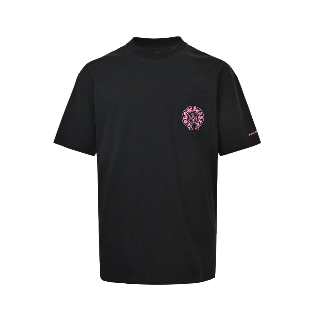 Chrome Hearts 2026 SS Pink Horseshoe & Cross Pocket T-Shirt - Black Unisex Cotton Tee with Gothic Logo