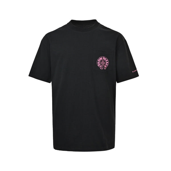 Chrome Hearts 2026 SS Pink Horseshoe & Cross Pocket T-Shirt - Black Unisex Cotton Tee with Gothic Logo