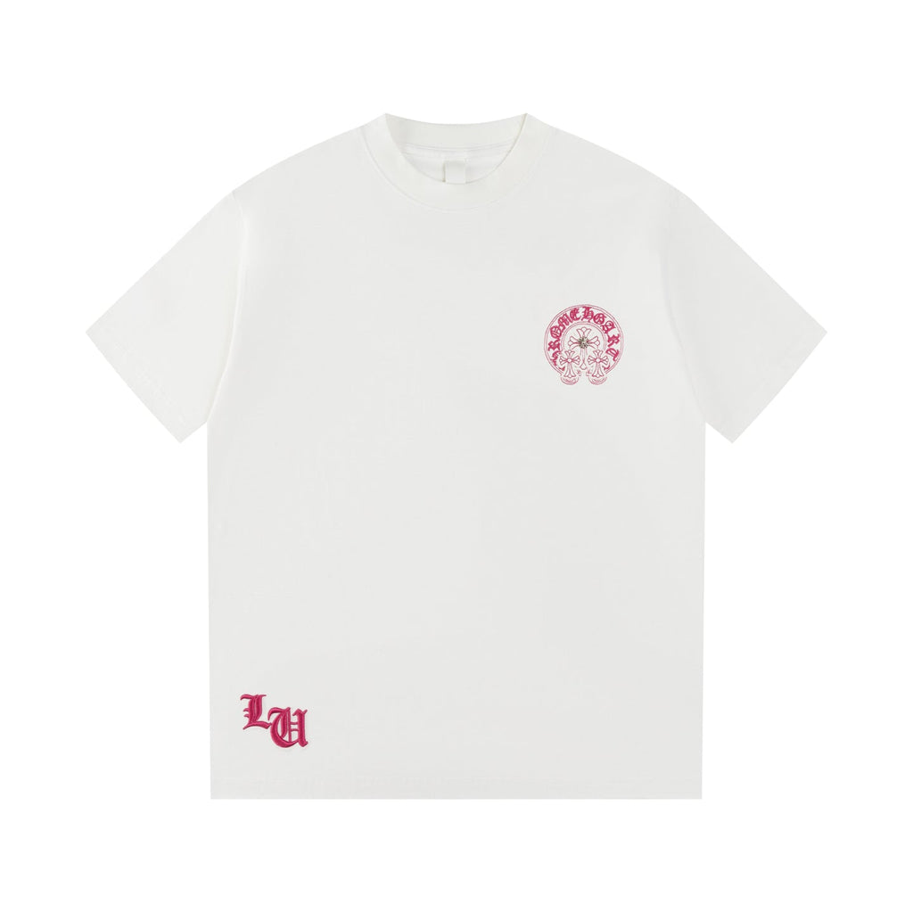 Chrome Hearts White T-Shirt with Pink Triple Cross Horseshoe Graphic