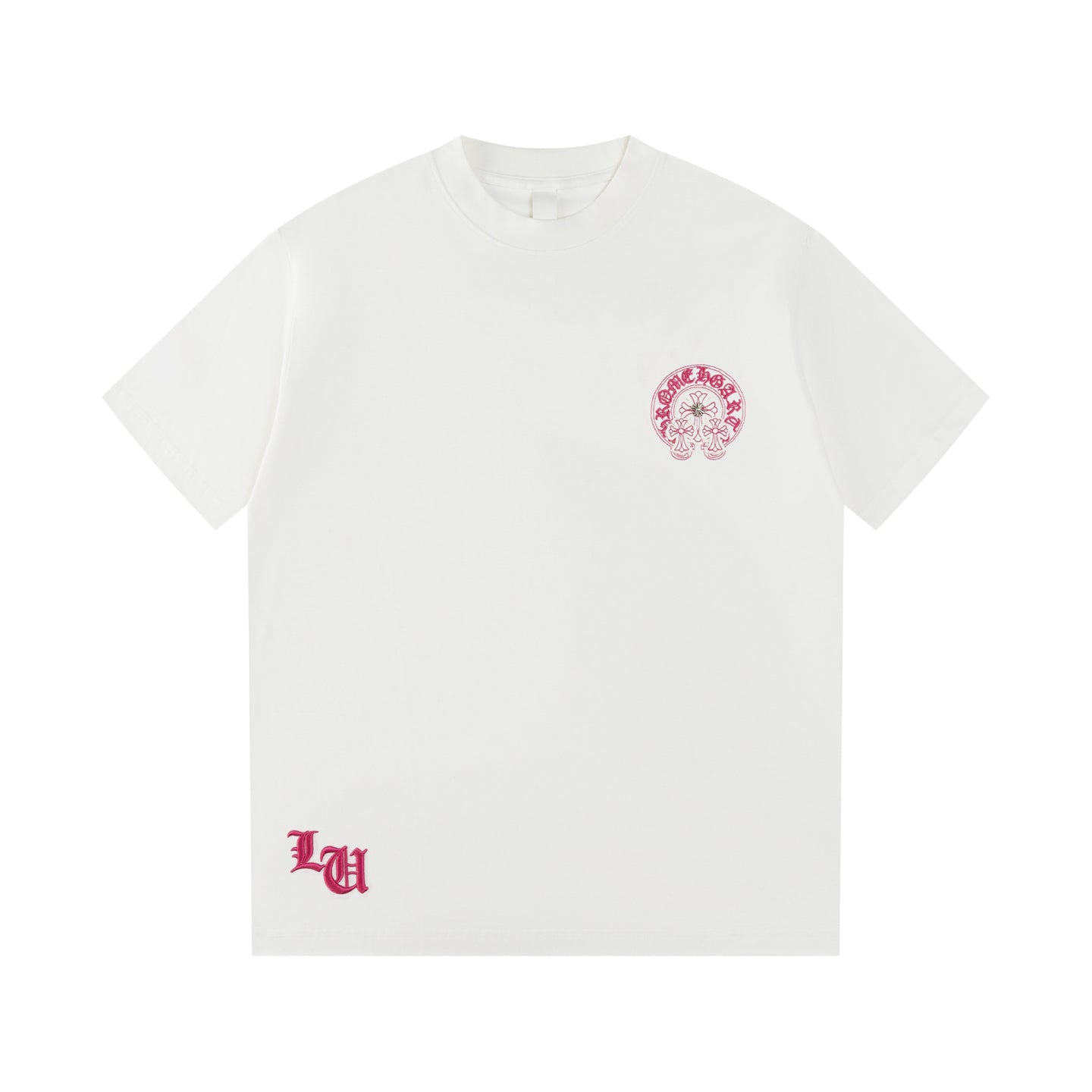 Chrome Hearts White T-Shirt with Pink Triple Cross Horseshoe Graphic