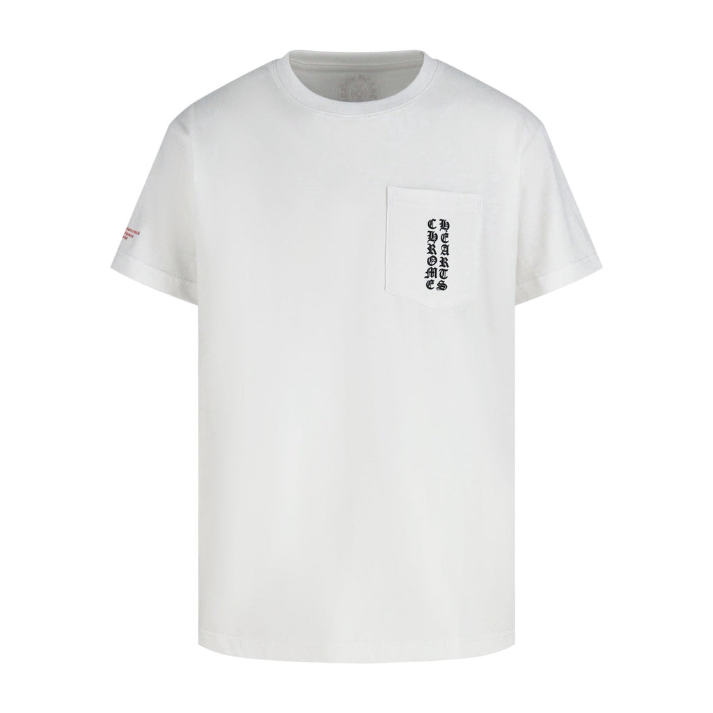 Chrome Hearts Style Tokyo Exclusive Pocket T-Shirt - Vertical Gothic Print & Floral Cross Grid, White Cotton Streetwear Tee