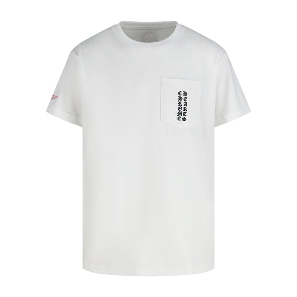 Chrome Hearts Style Tokyo Exclusive Pocket T-Shirt - Vertical Gothic Print & Floral Cross Grid, White Cotton Streetwear Tee