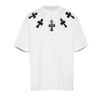 Chrome Hearts Style 3D Cross Applique T-Shirt - Embellished Shoulder Detail, Premium Cotton Streetwear Tee