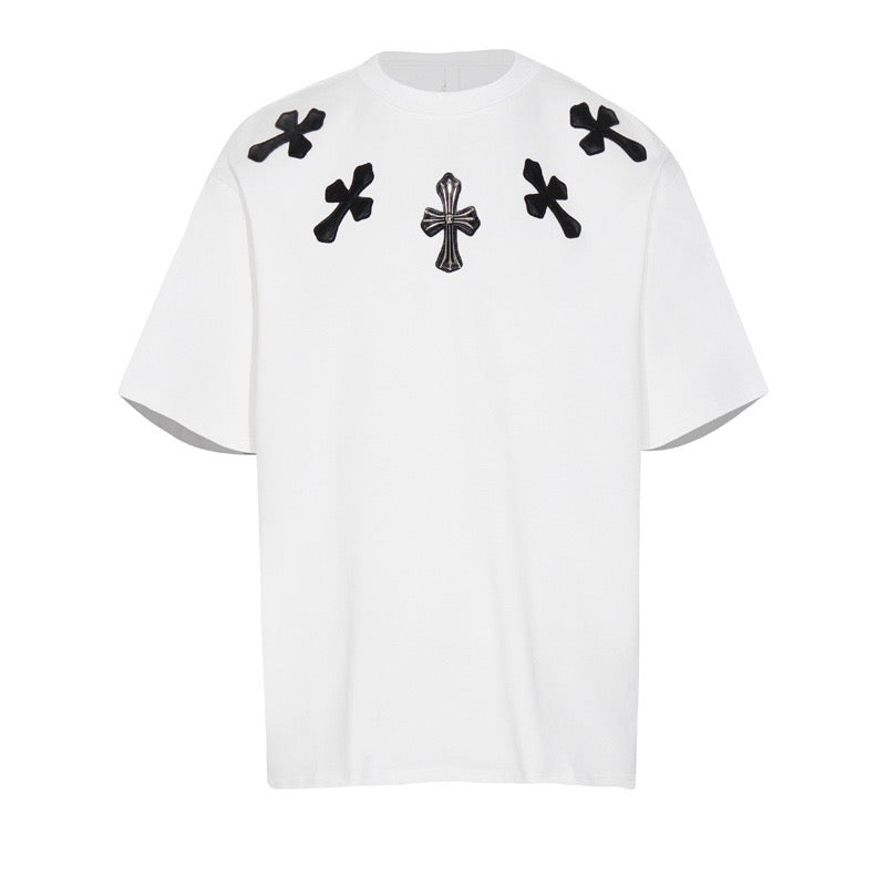 Chrome Hearts Style 3D Cross Applique T-Shirt - Embellished Shoulder Detail, Premium Cotton Streetwear Tee