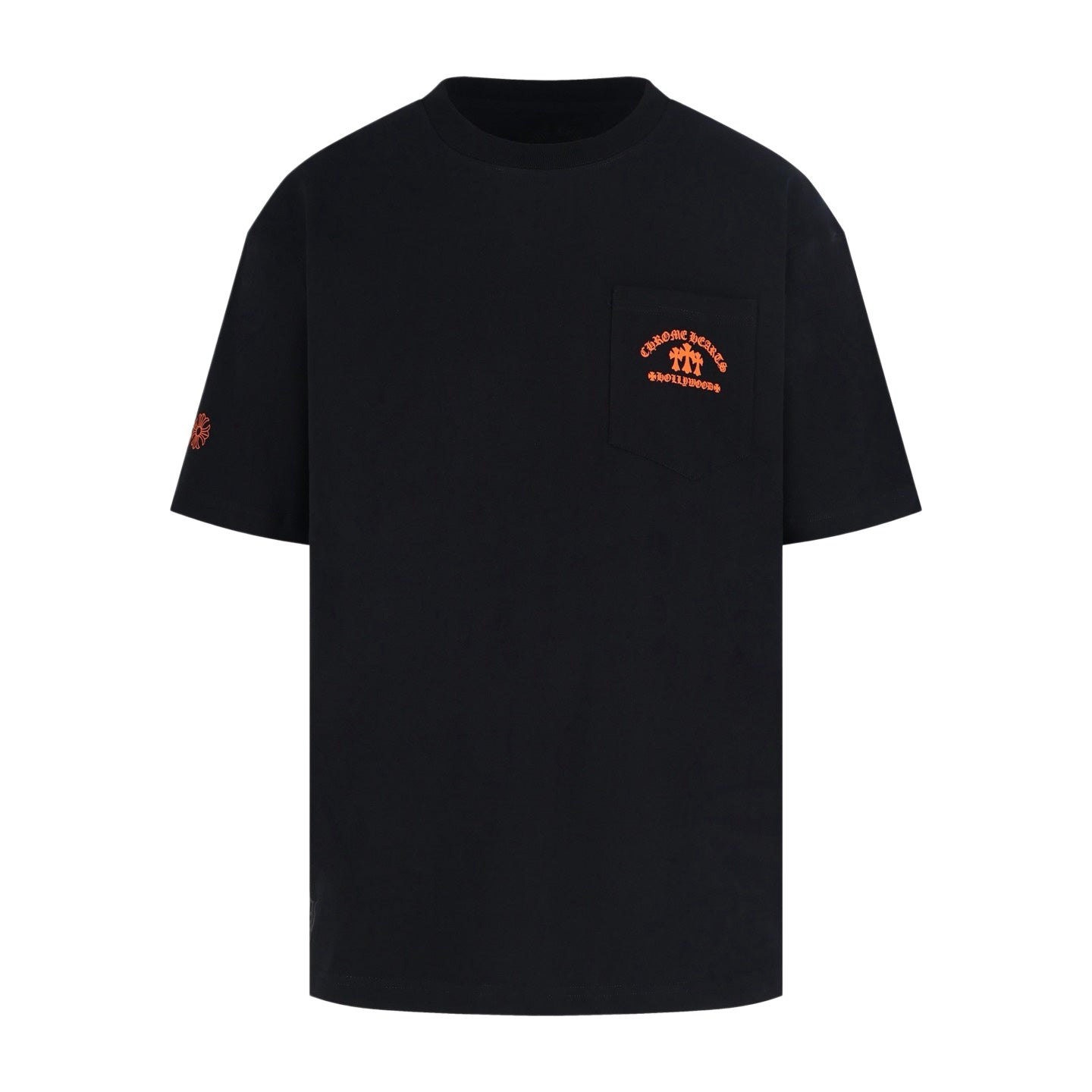 Chrome Hearts Hollywood Triple Cross Pocket T-Shirt - Black Tee with Orange Logo Print