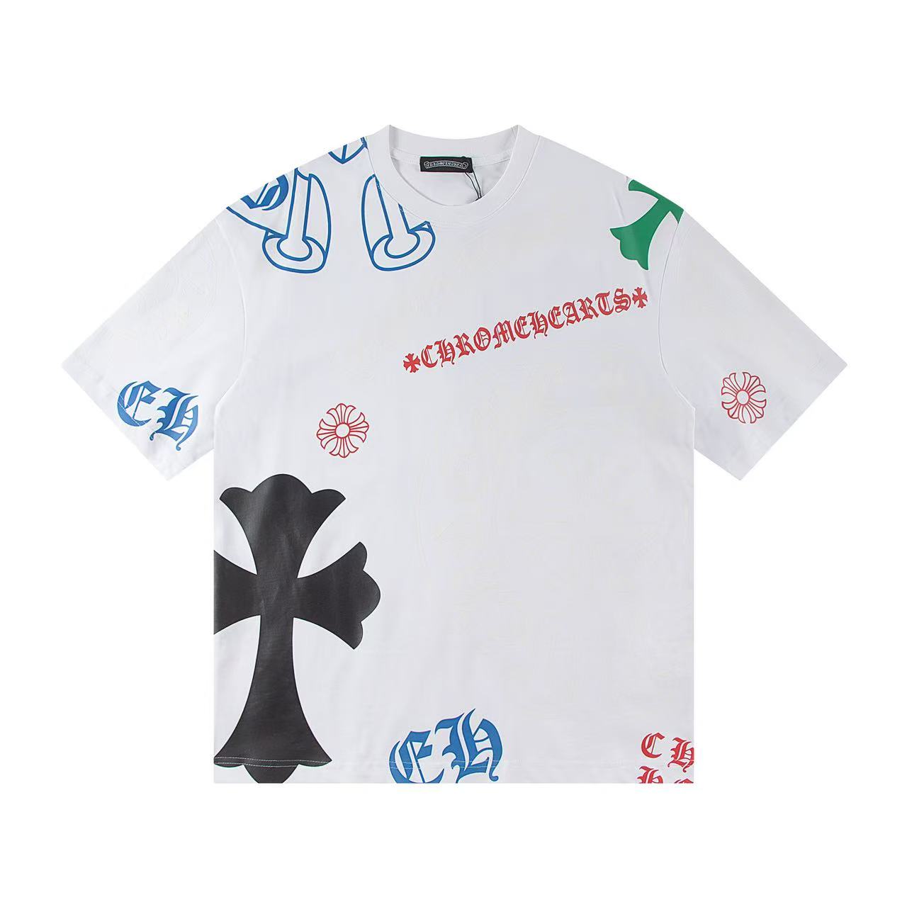Chrome Hearts 2026 SS Multi-Graphic Logo T-Shirt - White Unisex Cotton Streetwear Tee with Cross & Floral Motifs