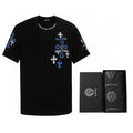Chrome Hearts 2026 SS Blue & White Cross Embroidered T-Shirt - Black Unisex Cotton Tee with Gothic Logo